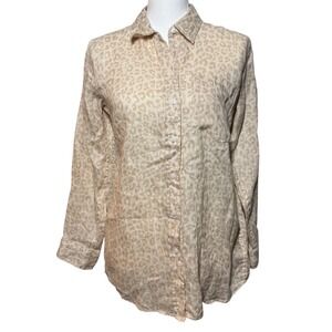 GAP Linen Button Down Leopard Print Shirt XS Petite Tan Long Sleeve 100% Linen